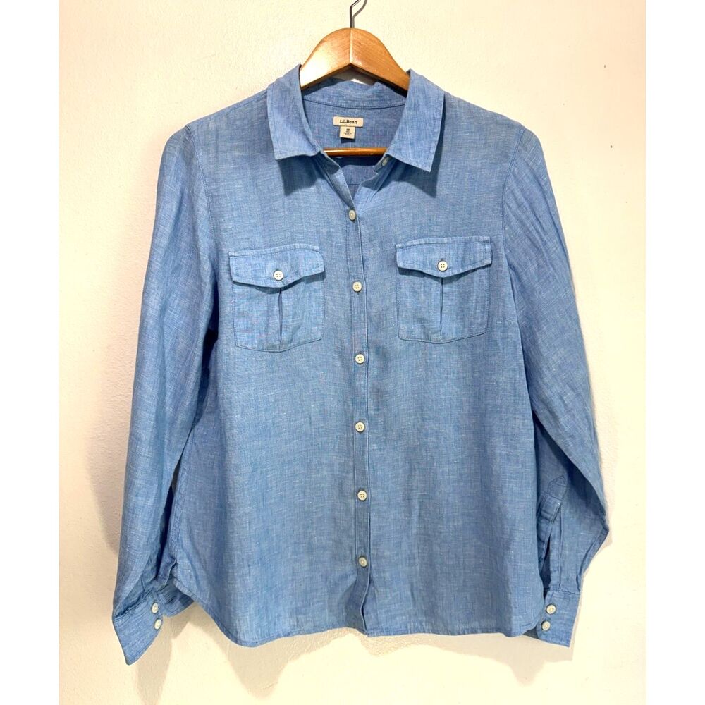 L.L.Bean 100% button up linen shirt utility blue summer beach vacation women M